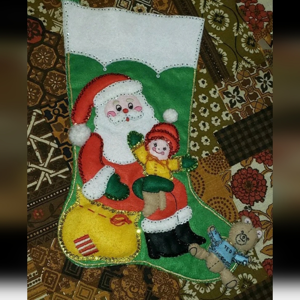 Vintage Finished Bucilla Kid Sitting On Santas Lap Christmas Stocking
